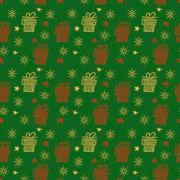 Vector Christmas seamless background with Christmas gifts, stars, snowflakes. Stock Illustration
