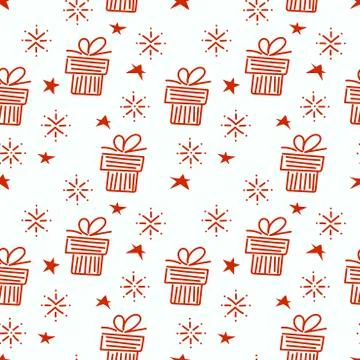 Vector Christmas seamless background with Christmas gifts, stars, snowflakes. Stock Illustration