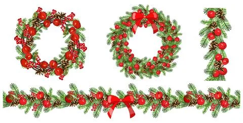Vector christmas seamless border and frame isolated on white. Stock Illustration