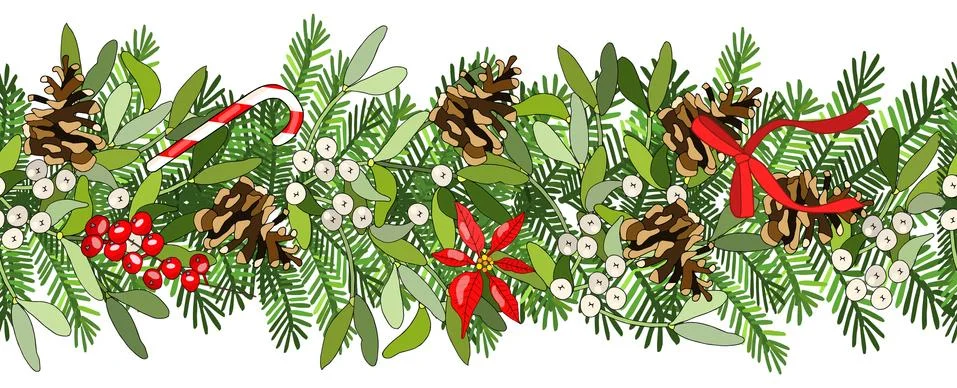 Vector christmas seamless border with mistletoe, spruce cone, spruce branches Stock Illustration