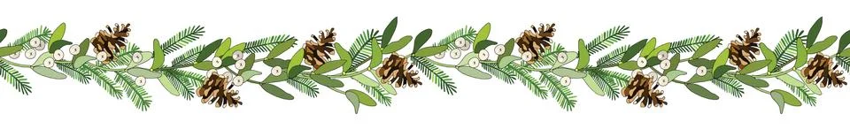 Vector christmas seamless border with mistletoe, spruce cone, spruce branches Stock Illustration
