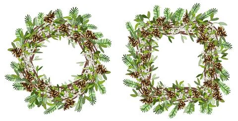 Vector christmas seamless border with mistletoe, spruce cone, spruce branches Stock Illustration