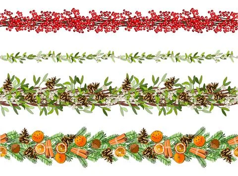Vector christmas seamless borders with mistletoe, spruce cone, spruce branche Stock-Illustration