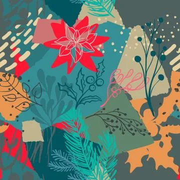 Vector Christmas seamless pattern with colorful abstract collage texture and Stock Illustration