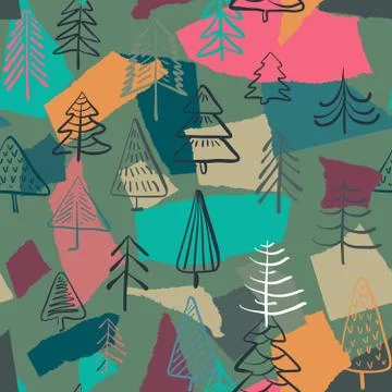 Vector Christmas seamless pattern with colorful abstract collage texture and Illustration
