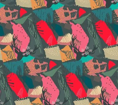 Vector Christmas seamless pattern with colorful abstract collage texture and 스톡 일러스트