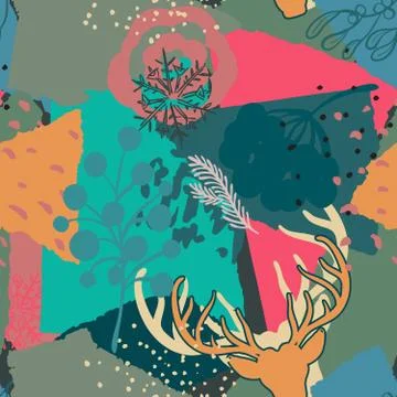 Vector Christmas seamless pattern with colorful abstract collage texture and Illustrazione stock