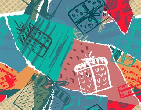Vector Christmas seamless pattern with colorful abstract collage texture and Stock Illustration