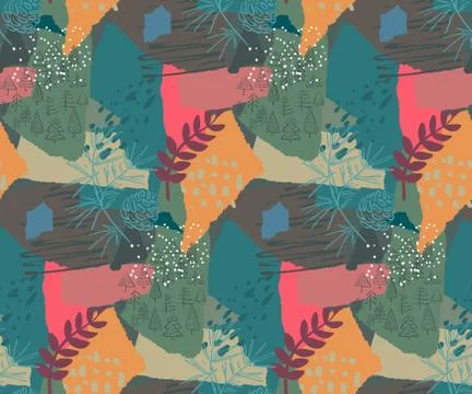 Vector Christmas seamless pattern with colorful abstract collage texture and Stock Illustration