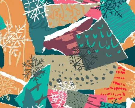 Vector Christmas seamless pattern with colorful abstract collage texture and Stock Illustration