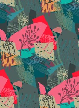 Vector Christmas seamless pattern with colorful abstract collage texture and Stock Illustration