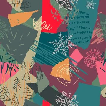 Vector Christmas seamless pattern with colorful abstract collage texture and Illustrazione stock