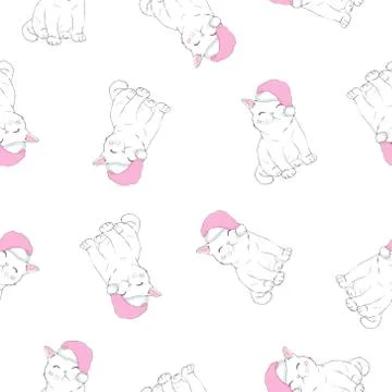 Vector christmas seamless pattern with grey cat with green eyes in santa hat and Stock Illustration