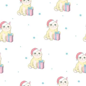 Vector christmas seamless pattern with grey cat with green eyes in santa hat and Stock Illustration