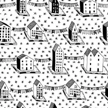 Vector christmas seamless pattern with houses and ornaments. Can be printed and Stock Illustration