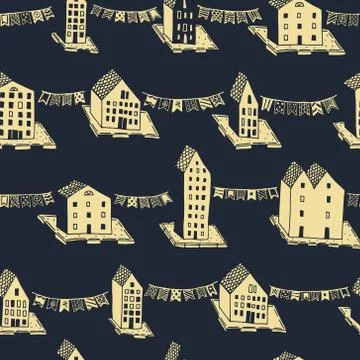 Vector christmas seamless pattern with houses and ornaments. Can be printed and Stock Illustration