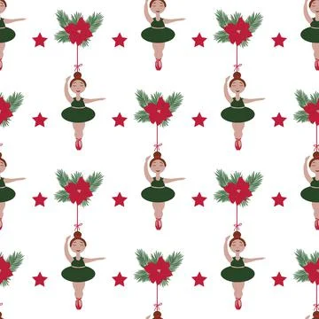 Vector Christmas seamless pattern with the image of a ballerina and other decor Stock Illustration