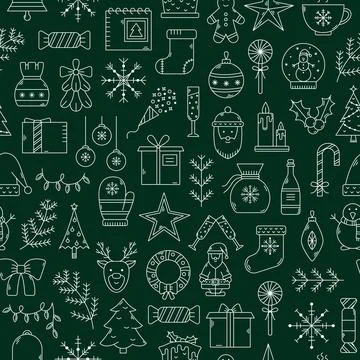 Vector Christmas seamless pattern. New Year background with outline icons Stock Illustration