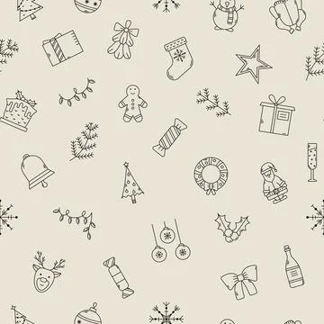 Vector Christmas seamless pattern. New Year background with outline icons Stock Illustration
