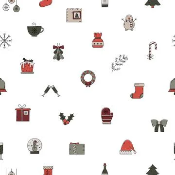 Vector Christmas seamless pattern. New Year background with color outline ico Illustrazione stock