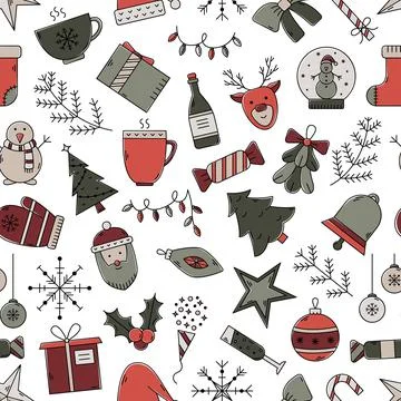 Vector Christmas seamless pattern. New Year background with color outline ico Stock Illustration