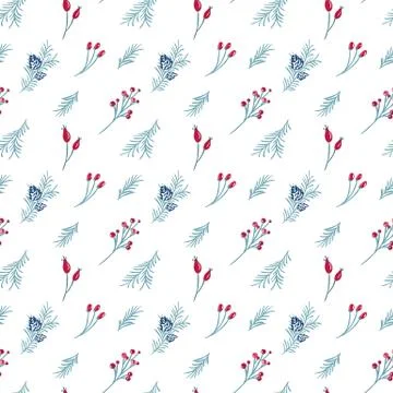 Vector Christmas seamless pattern of red berries, pine branch. Winter background Stock Illustration