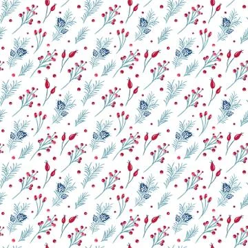 Vector Christmas seamless pattern of red berries, pine branch. Winter background Stock-Illustration
