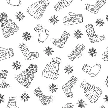Vector Christmas seamless pattern with winter knitted clothes doodle. Stockillustratie