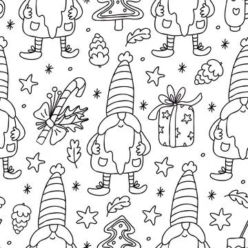 Vector Christmas seamless patterns with gnomes, candy canes doodle. Illustrazione stock
