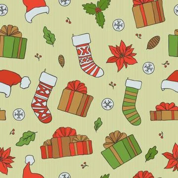 Vector Christmas seamless patterns. Holiday background with gifts socks Stock Illustration