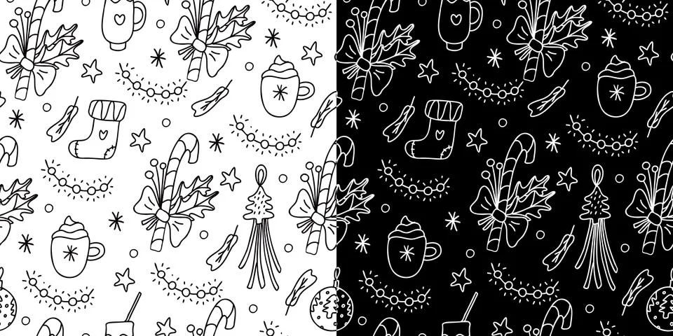 Vector Christmas seamless patterns with Xmas decorations on white and black. Stock Illustration