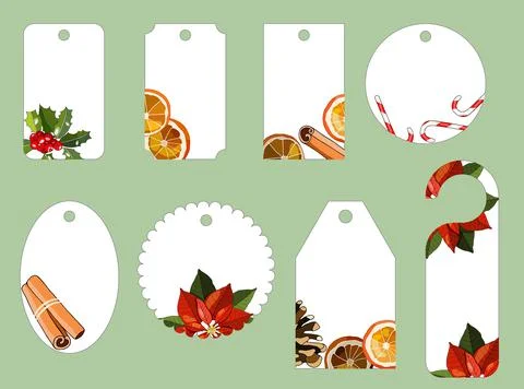 Vector Christmas set of gift tags with dried orange, cinnamon stick, candy ca Stock Illustration