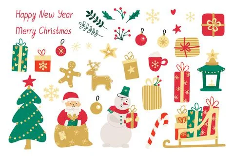Vector Christmas set with presents, gingerbread, drinks, snowman, Santa. Stock Illustration