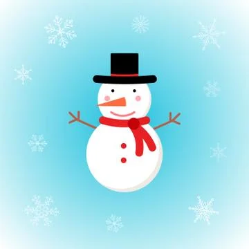 Vector Christmas snowman in flat style with snowflakes on winter background. Stock Illustration