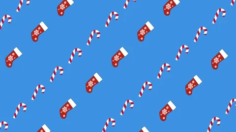 Vector Christmas socks and candy canes fly diagonally loop on a blue background Stock Footage 144266865