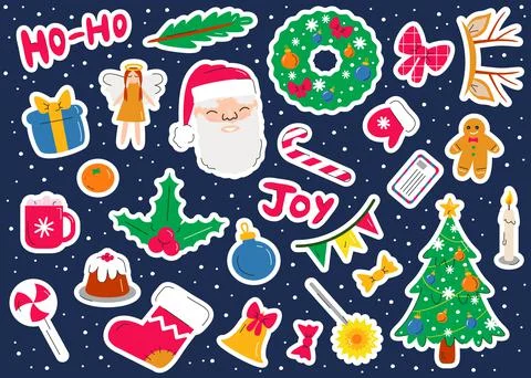 Vector Christmas stickers set in flat linear style on dark blue background Stock Illustration