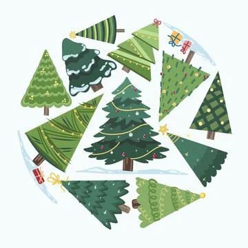Vector Christmas Tree Collage Pack decorated with lights and ornaments. Stock Illustration
