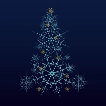 Vector christmas tree consisting of snowflakes on dark blue background Stock Illustration