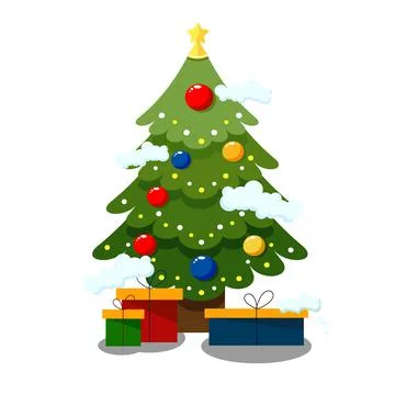 Vector christmas tree with decorations and gift boxes. Stock Illustration