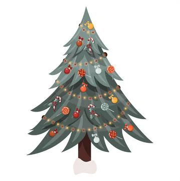 Vector Christmas tree. A flat festive Christmas tree with a garland, toys and Illustrazione stock