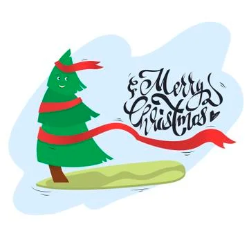 Vector Christmas tree with smile riding on a surfboard Stock Illustration