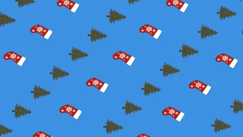 Vector Christmas trees and socks fly diagonally loop on a blue background Stock Footage 144268253