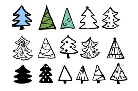 Vector christmas trees cute hand drawn design set Stock Illustration