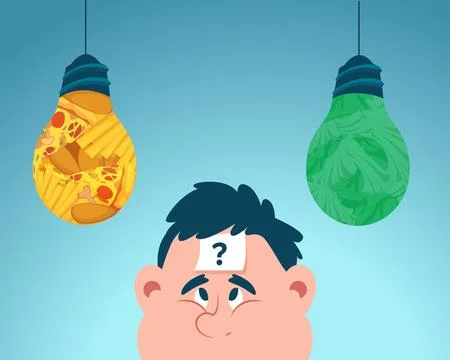 Vector of chubby man with question mark on forehead thinking looking up at .. Stock Illustration