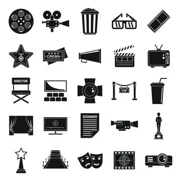 Vector cinema tv black simple icons collection isolated Stock Illustration
