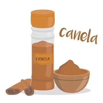 Vector cinnamon illustration isolated in cartoon style. Spanish name. Herbs.. Stock Illustration
