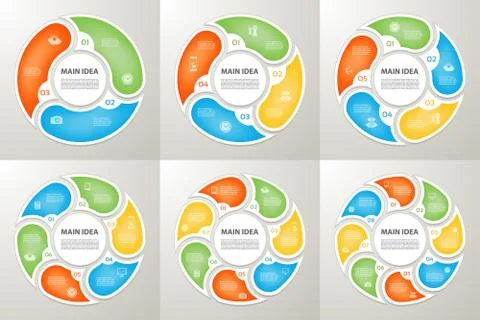 Vector circle arrows sign infographic set. 3, 4, 5, 6, 7, 8 options, parts, s Stock Illustration