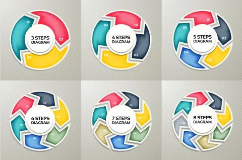 Vector circle arrows sign infographic set. 3, 4, 5, 6, 7, 8 options, parts, s Stock Illustration