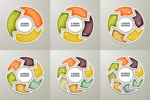 Vector circle arrows sign infographic set. 3, 4, 5, 6, 7, 8 options, parts, s Stock Illustration