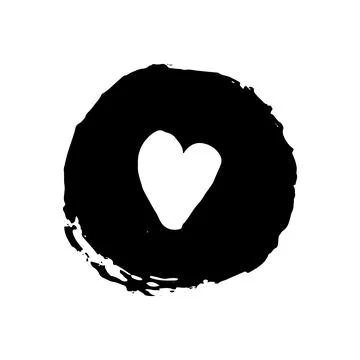 Vector circle black with heart inside, ink brush stroke round shape. Stock Illustration